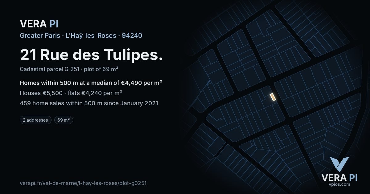21 Rue des Tulipes, L'Haÿ-les-Roses at night – the plot lit, the parcels around coloured by the prices near them
