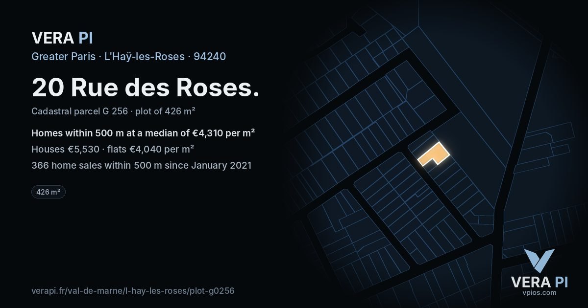20 Rue des Roses, L'Haÿ-les-Roses at night – the plot lit, the parcels around coloured by the prices near them