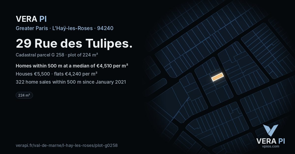 29 Rue des Tulipes, L'Haÿ-les-Roses at night – the plot lit, the parcels around coloured by the prices near them