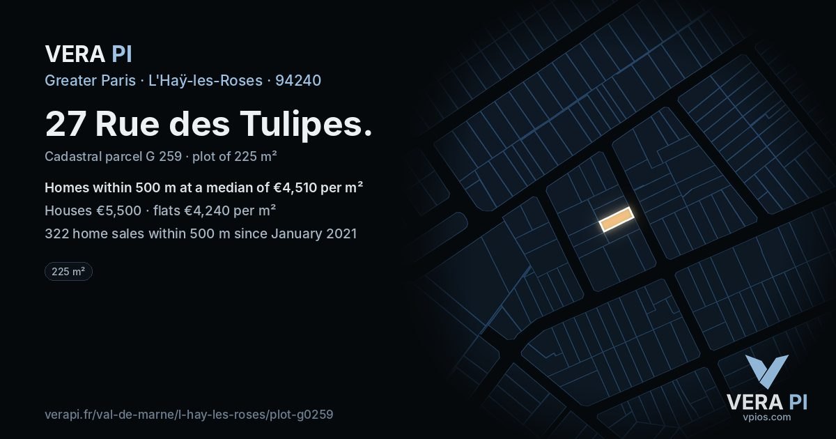 27 Rue des Tulipes, L'Haÿ-les-Roses at night – the plot lit, the parcels around coloured by the prices near them
