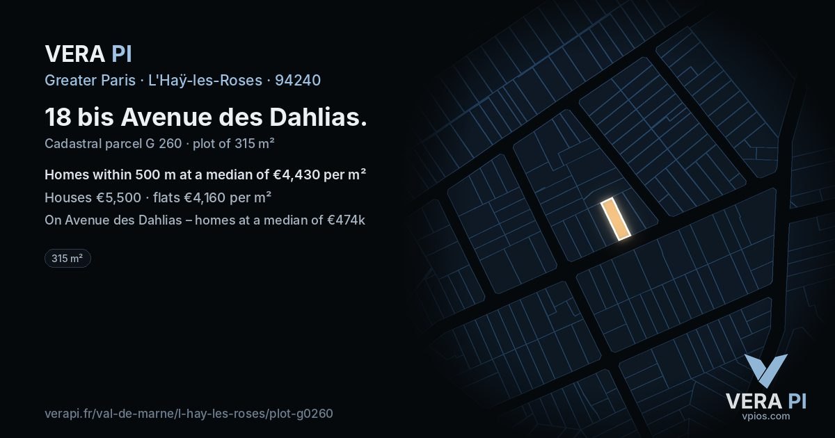 18 bis Avenue des Dahlias, L'Haÿ-les-Roses at night – the plot lit, the parcels around coloured by the prices near them