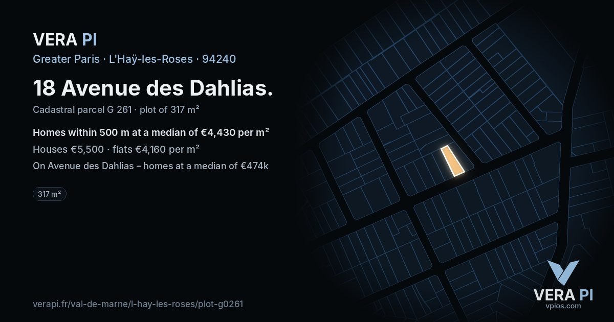 18 Avenue des Dahlias, L'Haÿ-les-Roses at night – the plot lit, the parcels around coloured by the prices near them