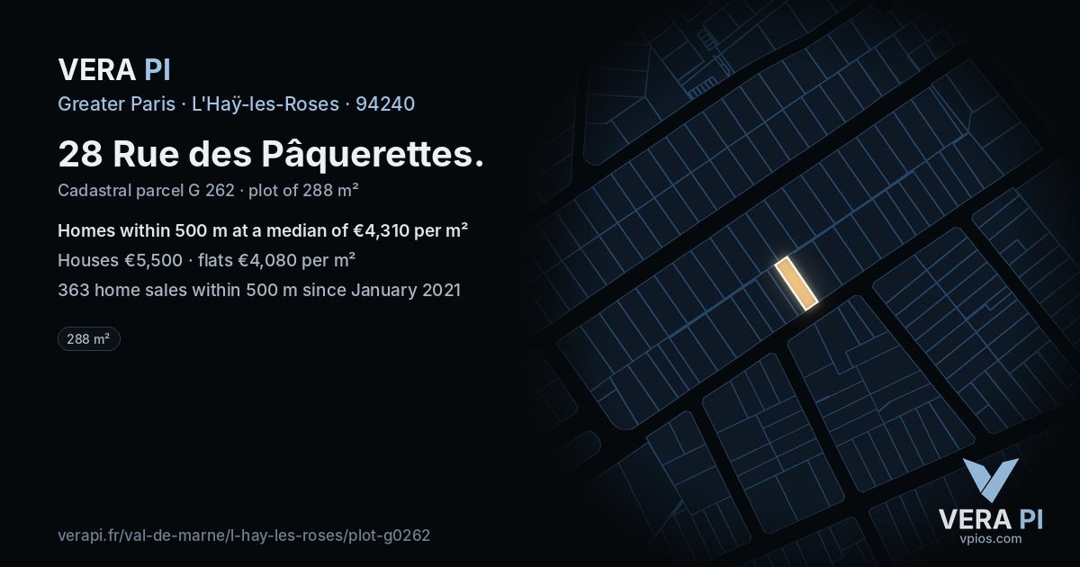 28 Rue des Pâquerettes, L'Haÿ-les-Roses at night – the plot lit, the parcels around coloured by the prices near them