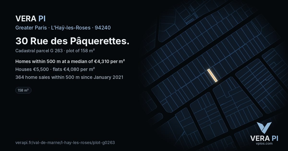 30 Rue des Pâquerettes, L'Haÿ-les-Roses at night – the plot lit, the parcels around coloured by the prices near them