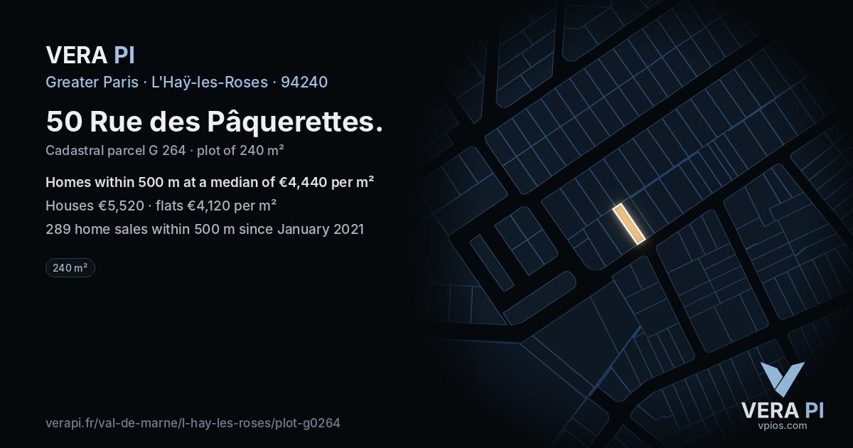 50 Rue des Pâquerettes, L'Haÿ-les-Roses at night – the plot lit, the parcels around coloured by the prices near them