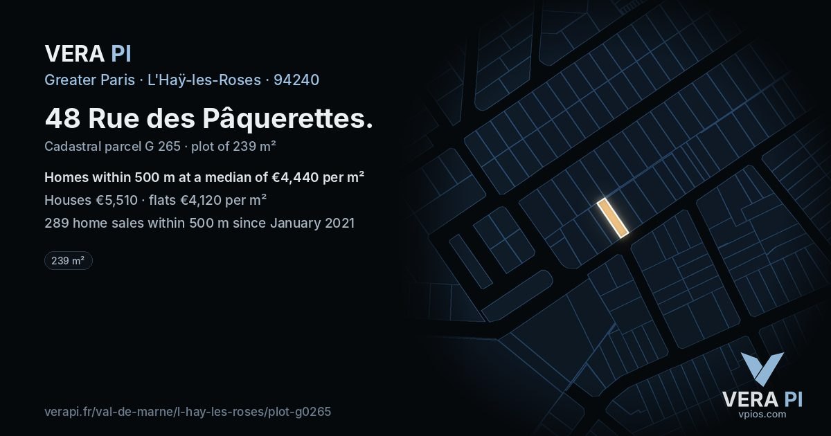 48 Rue des Pâquerettes, L'Haÿ-les-Roses at night – the plot lit, the parcels around coloured by the prices near them