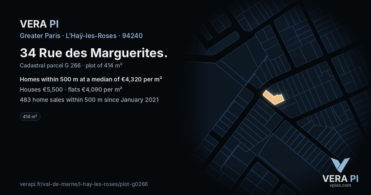 34 Rue des Marguerites, L'Haÿ-les-Roses at night – the plot lit, the parcels around coloured by the prices near them