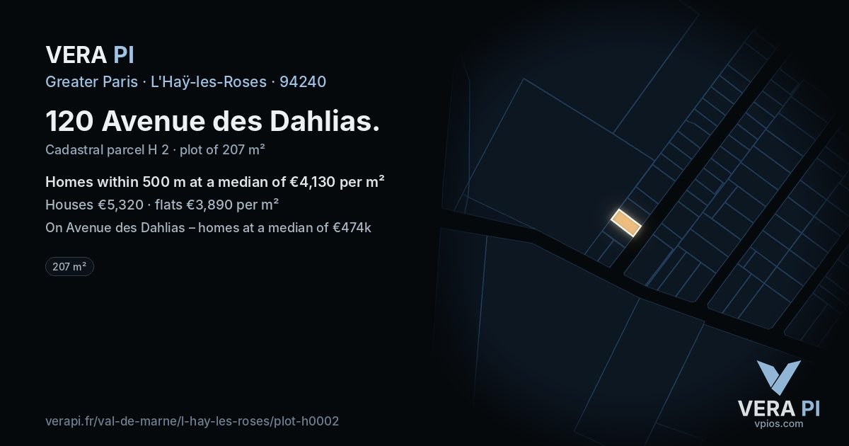 120 Avenue des Dahlias, L'Haÿ-les-Roses at night – the plot lit, the parcels around coloured by the prices near them