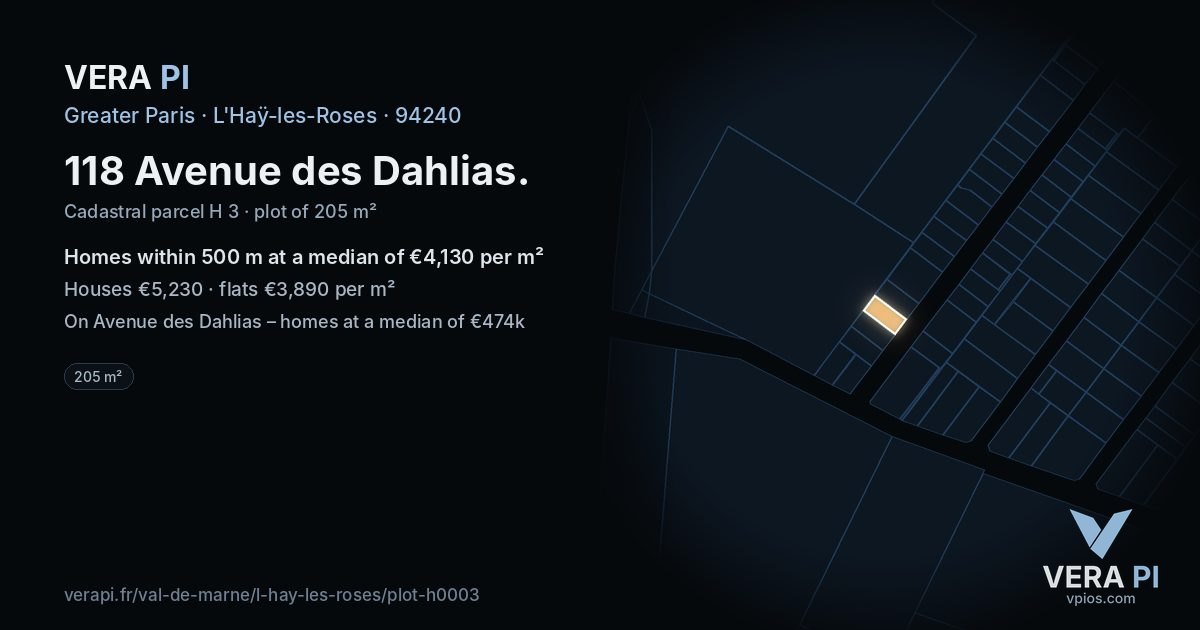 118 Avenue des Dahlias, L'Haÿ-les-Roses at night – the plot lit, the parcels around coloured by the prices near them