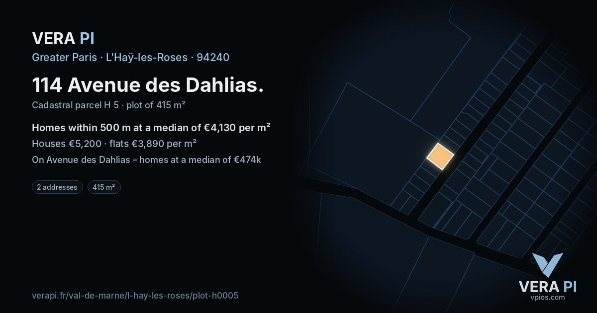 114 Avenue des Dahlias, L'Haÿ-les-Roses at night – the plot lit, the parcels around coloured by the prices near them
