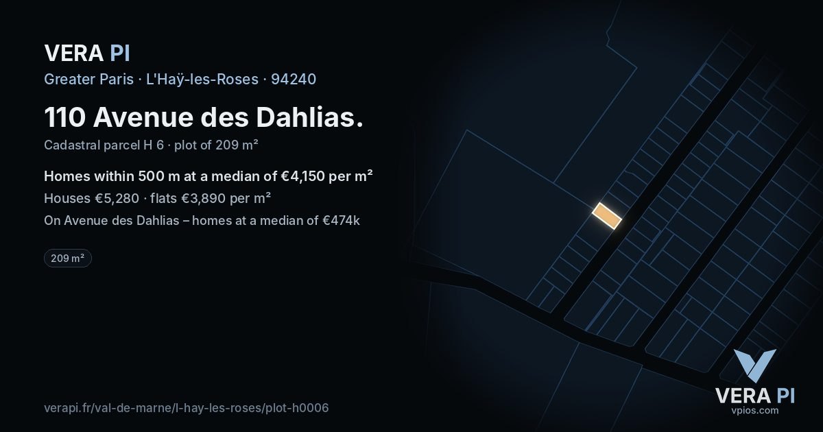 110 Avenue des Dahlias, L'Haÿ-les-Roses at night – the plot lit, the parcels around coloured by the prices near them