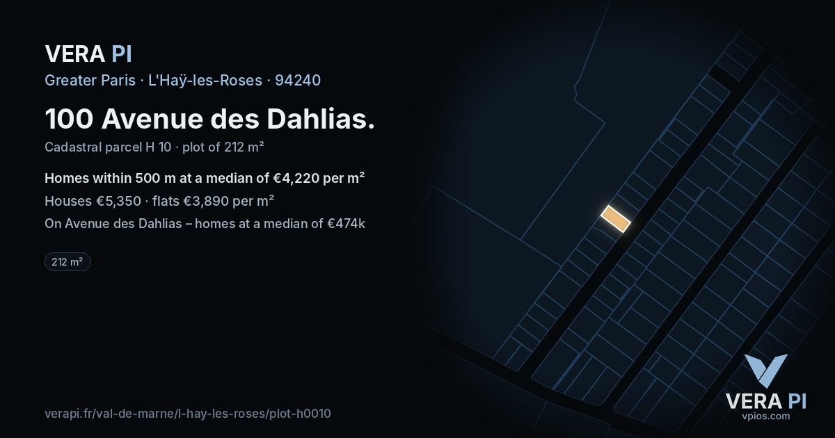 100 Avenue des Dahlias, L'Haÿ-les-Roses at night – the plot lit, the parcels around coloured by the prices near them