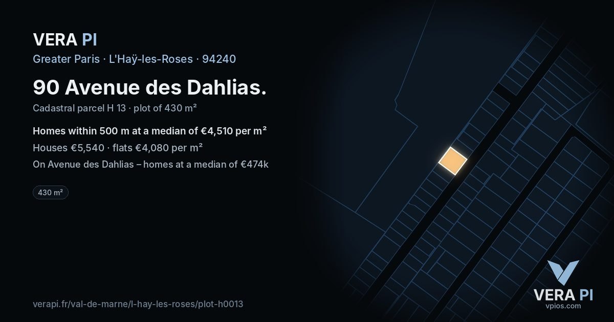 90 Avenue des Dahlias, L'Haÿ-les-Roses at night – the plot lit, the parcels around coloured by the prices near them