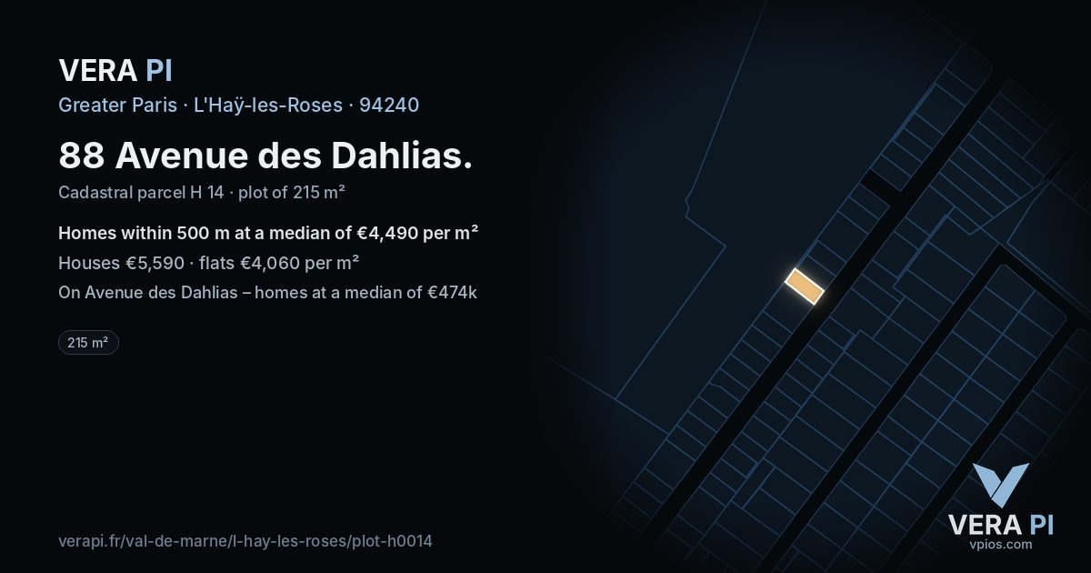 88 Avenue des Dahlias, L'Haÿ-les-Roses at night – the plot lit, the parcels around coloured by the prices near them