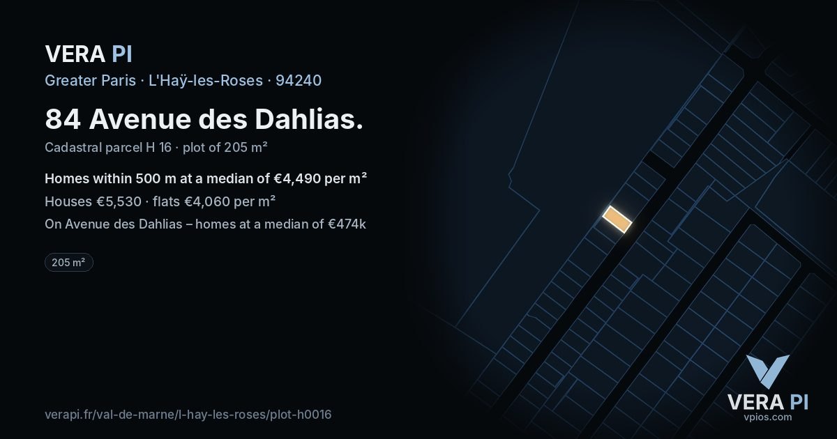 84 Avenue des Dahlias, L'Haÿ-les-Roses at night – the plot lit, the parcels around coloured by the prices near them