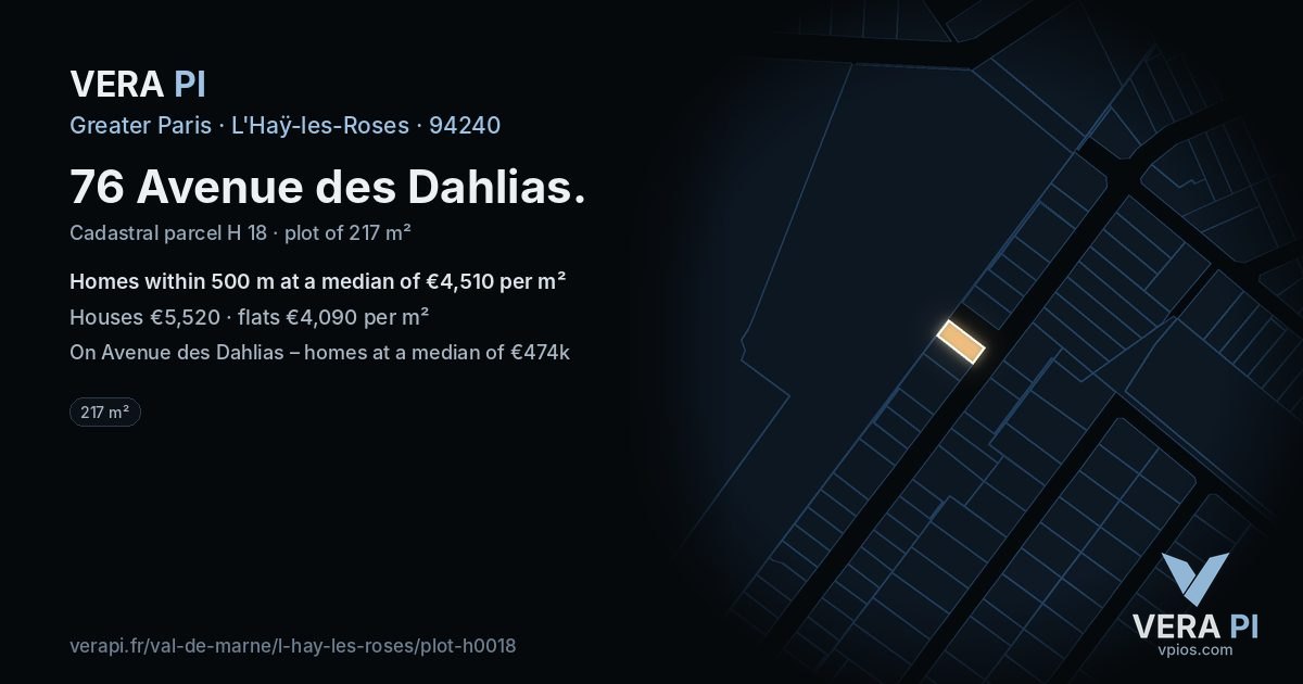 76 Avenue des Dahlias, L'Haÿ-les-Roses at night – the plot lit, the parcels around coloured by the prices near them