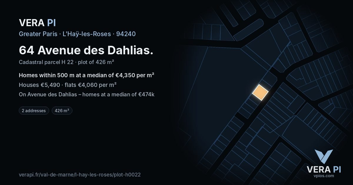 64 Avenue des Dahlias, L'Haÿ-les-Roses at night – the plot lit, the parcels around coloured by the prices near them