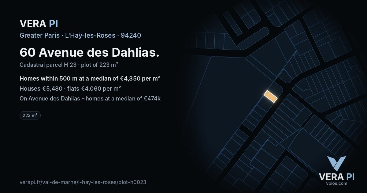 60 Avenue des Dahlias, L'Haÿ-les-Roses at night – the plot lit, the parcels around coloured by the prices near them