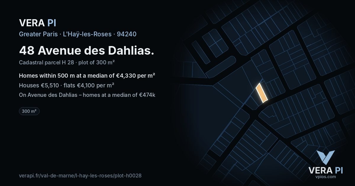 48 Avenue des Dahlias, L'Haÿ-les-Roses at night – the plot lit, the parcels around coloured by the prices near them