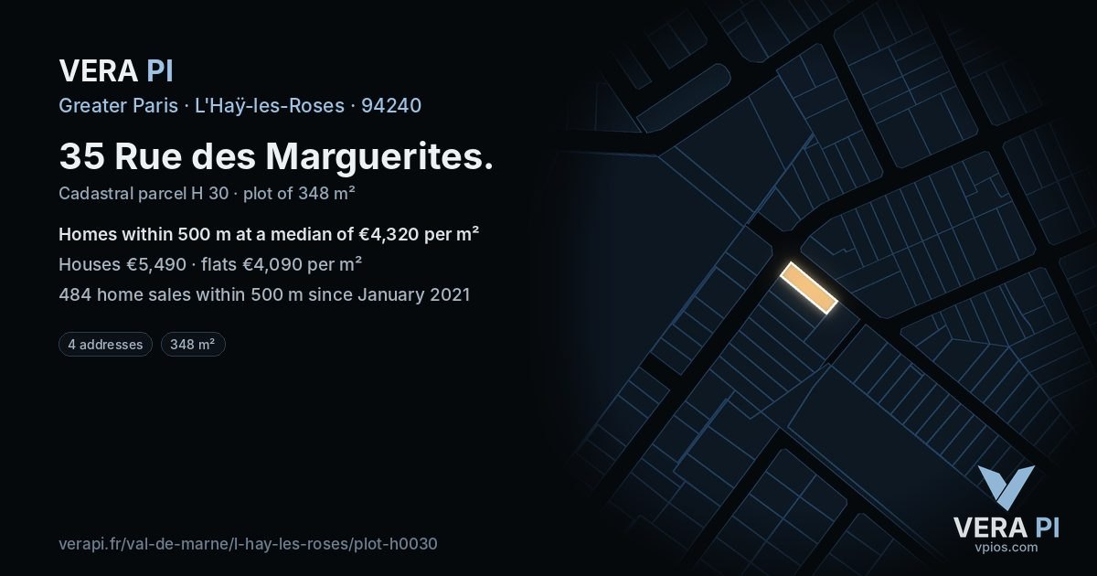 35 Rue des Marguerites, L'Haÿ-les-Roses at night – the plot lit, the parcels around coloured by the prices near them