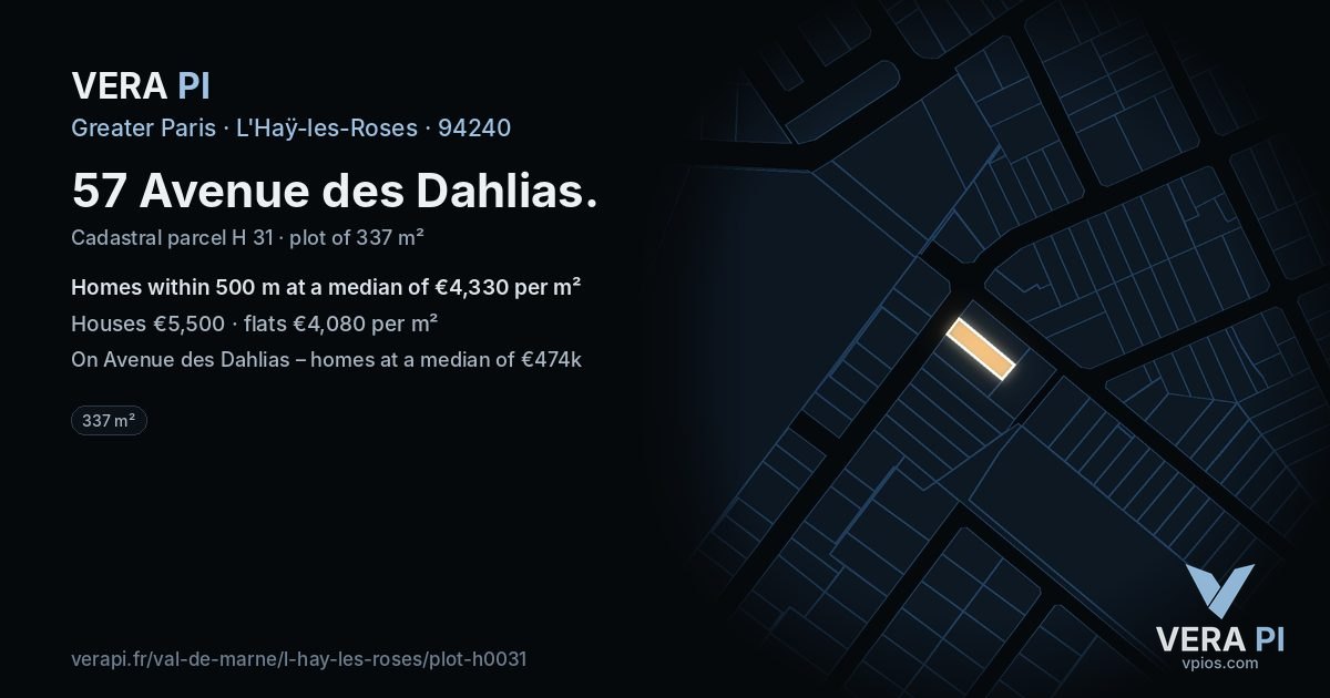 57 Avenue des Dahlias, L'Haÿ-les-Roses at night – the plot lit, the parcels around coloured by the prices near them