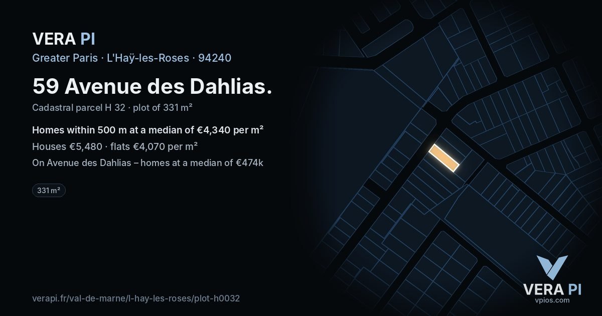 59 Avenue des Dahlias, L'Haÿ-les-Roses at night – the plot lit, the parcels around coloured by the prices near them