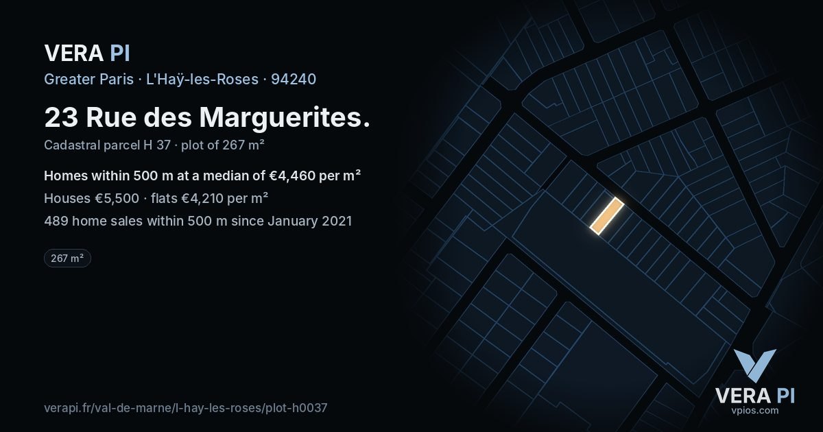 23 Rue des Marguerites, L'Haÿ-les-Roses at night – the plot lit, the parcels around coloured by the prices near them