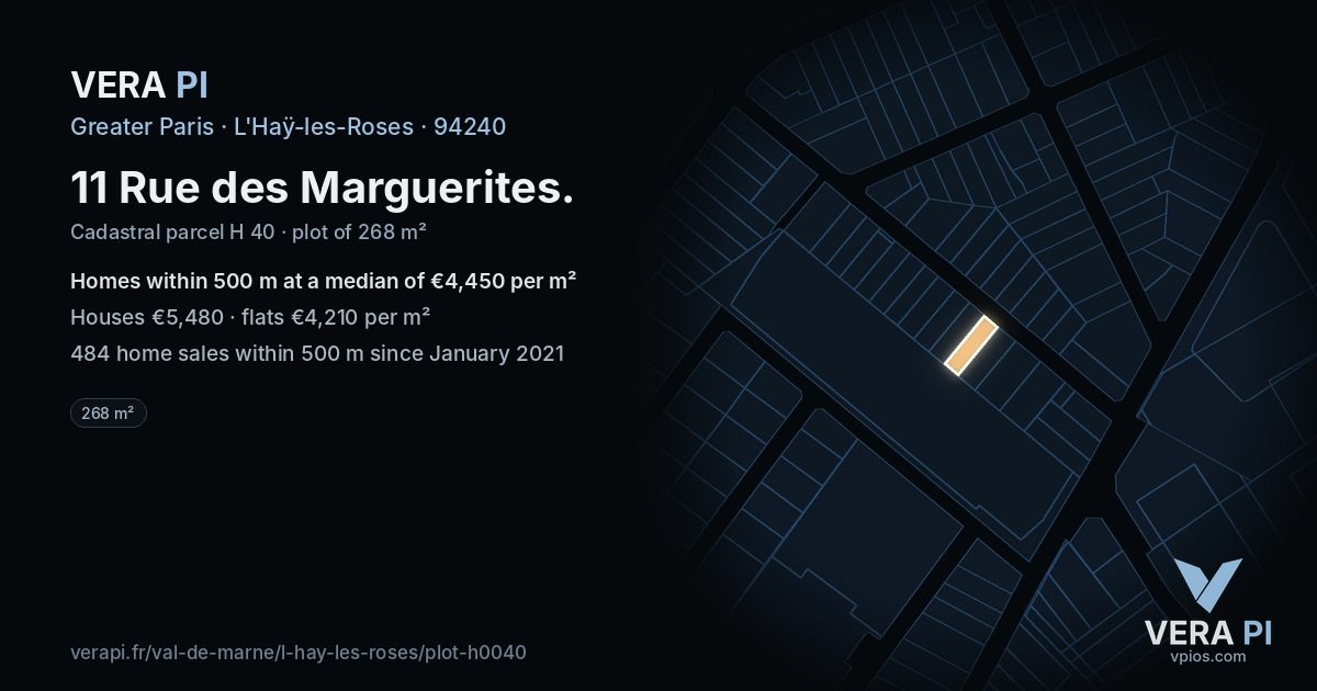 11 Rue des Marguerites, L'Haÿ-les-Roses at night – the plot lit, the parcels around coloured by the prices near them