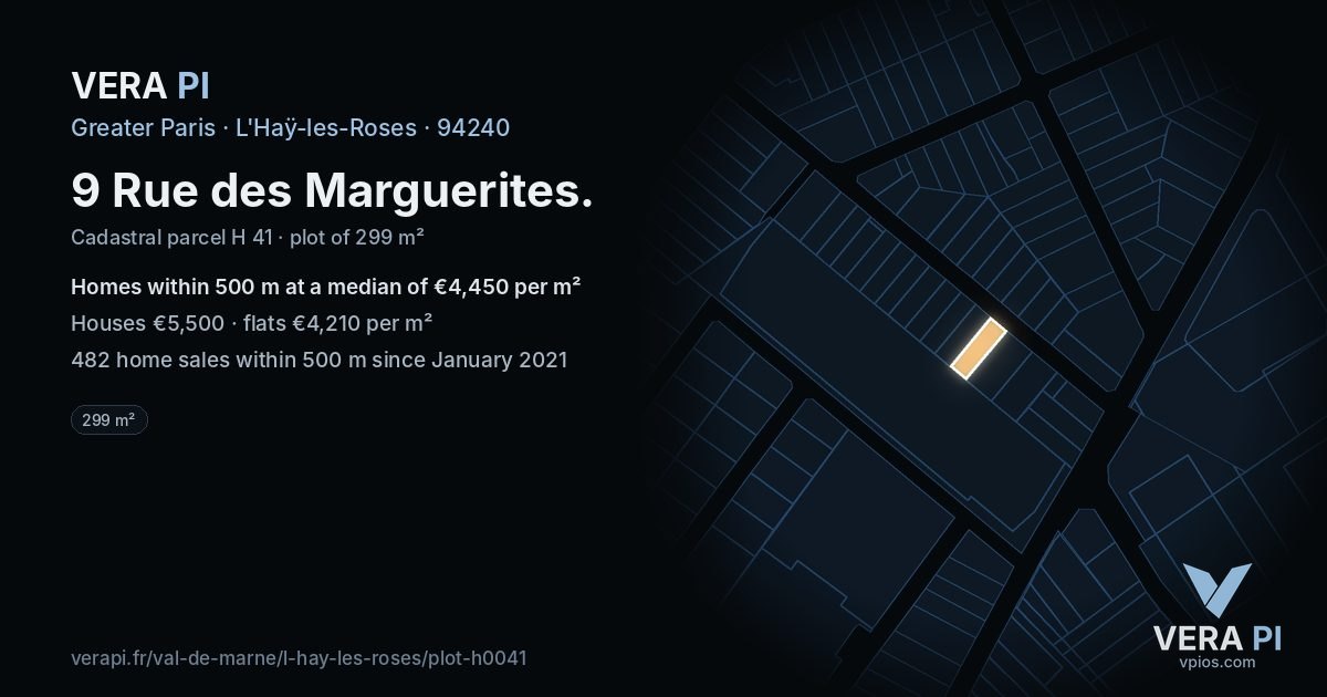 9 Rue des Marguerites, L'Haÿ-les-Roses at night – the plot lit, the parcels around coloured by the prices near them