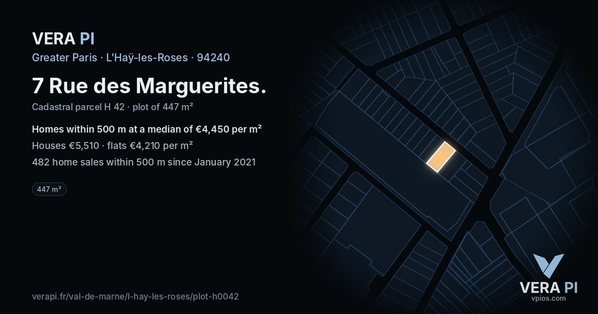 7 Rue des Marguerites, L'Haÿ-les-Roses at night – the plot lit, the parcels around coloured by the prices near them