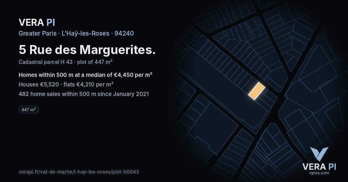 5 Rue des Marguerites, L'Haÿ-les-Roses at night – the plot lit, the parcels around coloured by the prices near them