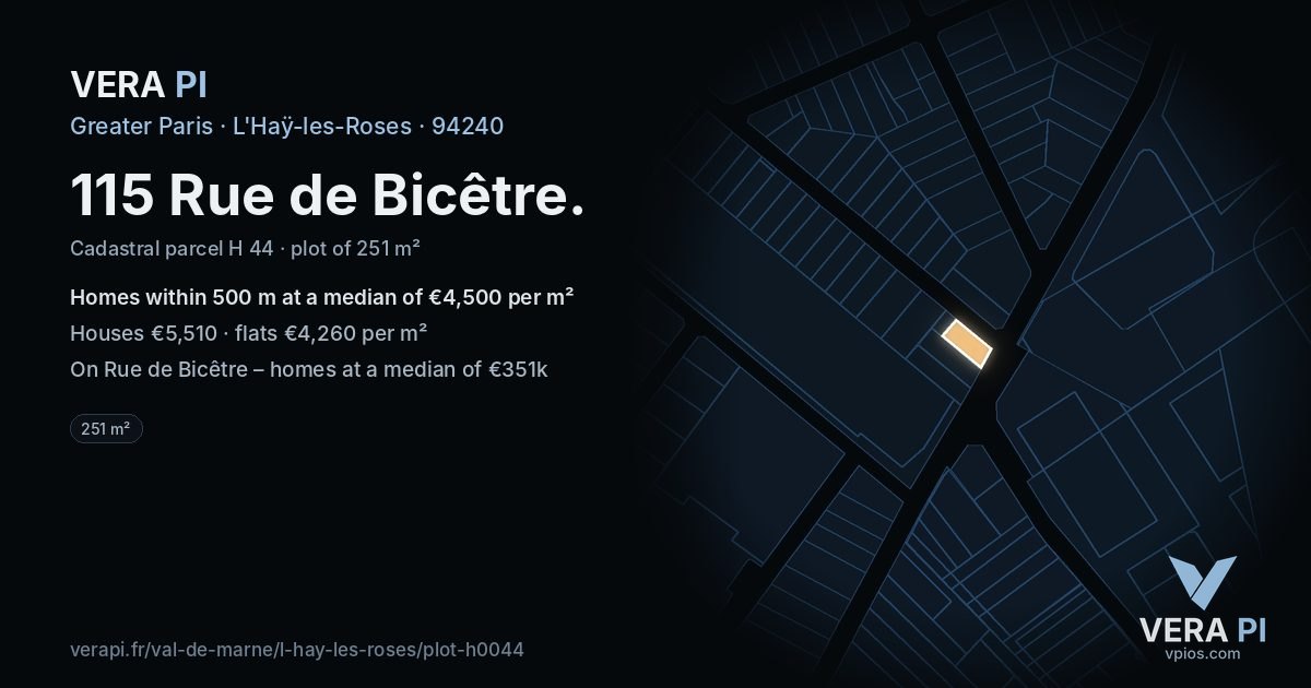115 Rue de Bicêtre, L'Haÿ-les-Roses at night – the plot lit, the parcels around coloured by the prices near them