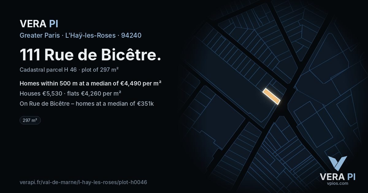 111 Rue de Bicêtre, L'Haÿ-les-Roses at night – the plot lit, the parcels around coloured by the prices near them
