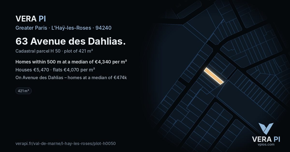 63 Avenue des Dahlias, L'Haÿ-les-Roses at night – the plot lit, the parcels around coloured by the prices near them