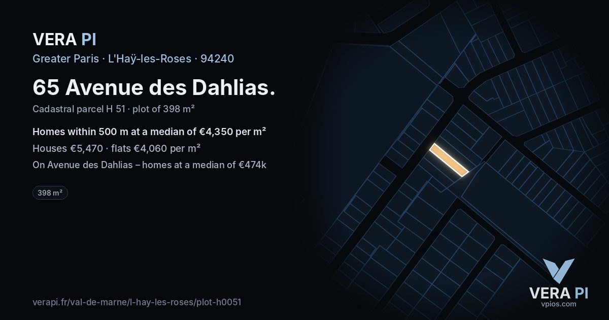 65 Avenue des Dahlias, L'Haÿ-les-Roses at night – the plot lit, the parcels around coloured by the prices near them