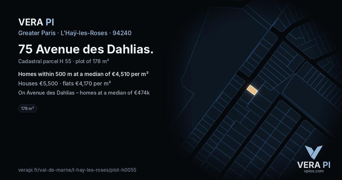 75 Avenue des Dahlias, L'Haÿ-les-Roses at night – the plot lit, the parcels around coloured by the prices near them