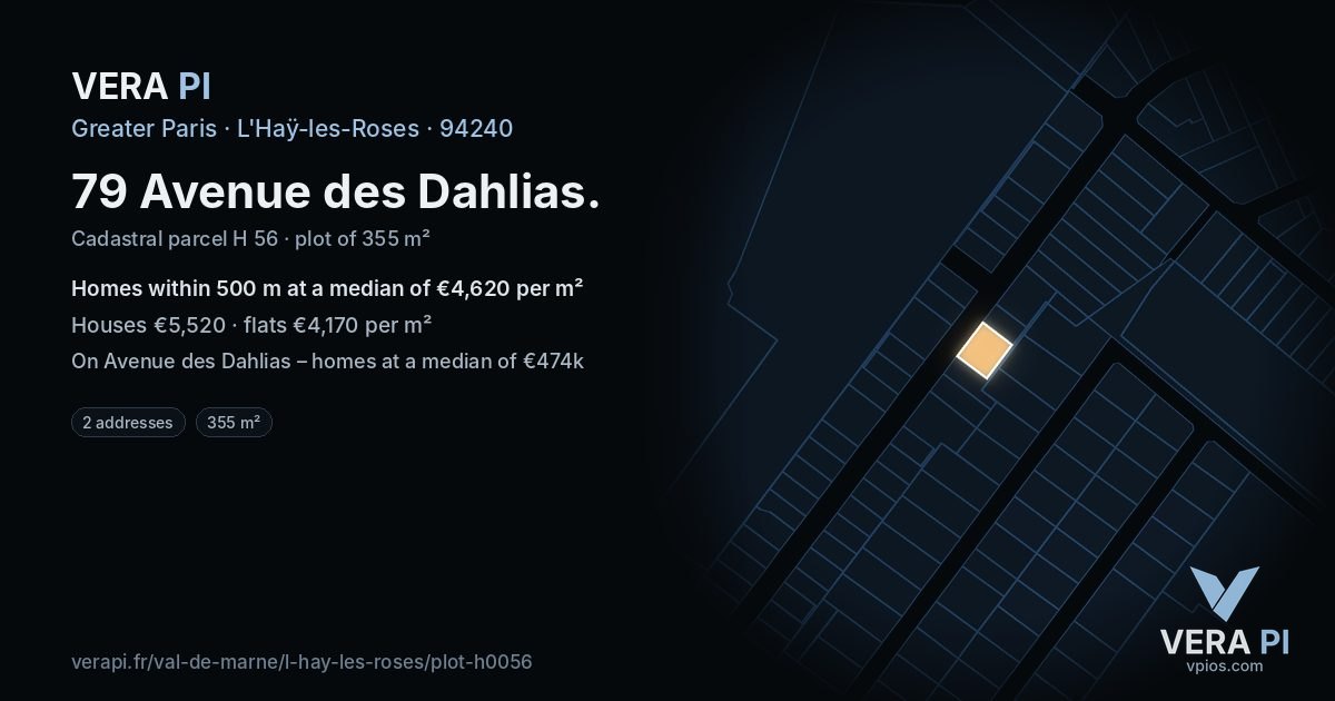 79 Avenue des Dahlias, L'Haÿ-les-Roses at night – the plot lit, the parcels around coloured by the prices near them