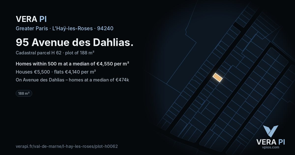 95 Avenue des Dahlias, L'Haÿ-les-Roses at night – the plot lit, the parcels around coloured by the prices near them