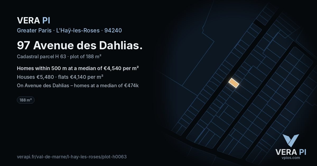 97 Avenue des Dahlias, L'Haÿ-les-Roses at night – the plot lit, the parcels around coloured by the prices near them