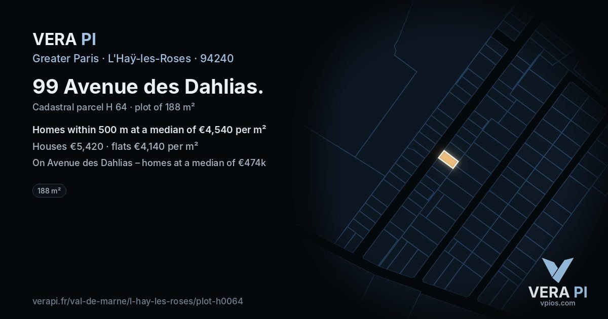 99 Avenue des Dahlias, L'Haÿ-les-Roses at night – the plot lit, the parcels around coloured by the prices near them