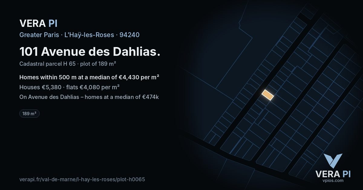 101 Avenue des Dahlias, L'Haÿ-les-Roses at night – the plot lit, the parcels around coloured by the prices near them
