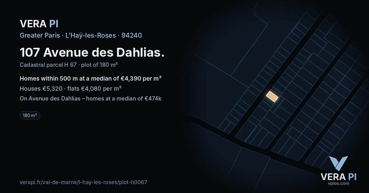 107 Avenue des Dahlias, L'Haÿ-les-Roses at night – the plot lit, the parcels around coloured by the prices near them