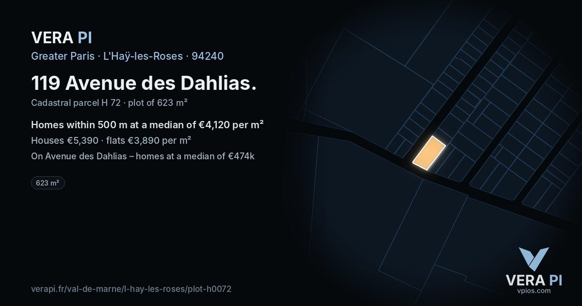 119 Avenue des Dahlias, L'Haÿ-les-Roses at night – the plot lit, the parcels around coloured by the prices near them