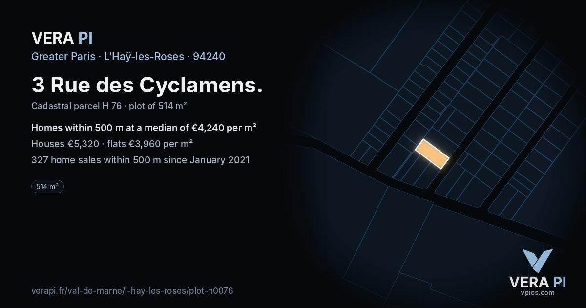 3 Rue des Cyclamens, L'Haÿ-les-Roses at night – the plot lit, the parcels around coloured by the prices near them