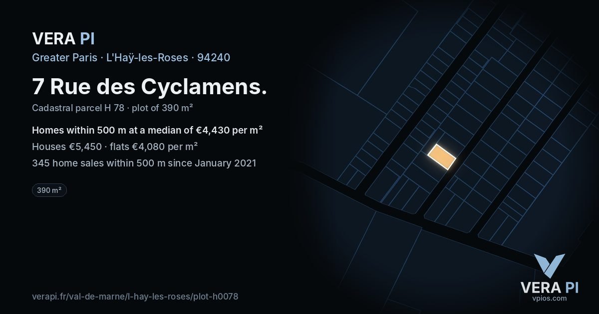 7 Rue des Cyclamens, L'Haÿ-les-Roses at night – the plot lit, the parcels around coloured by the prices near them