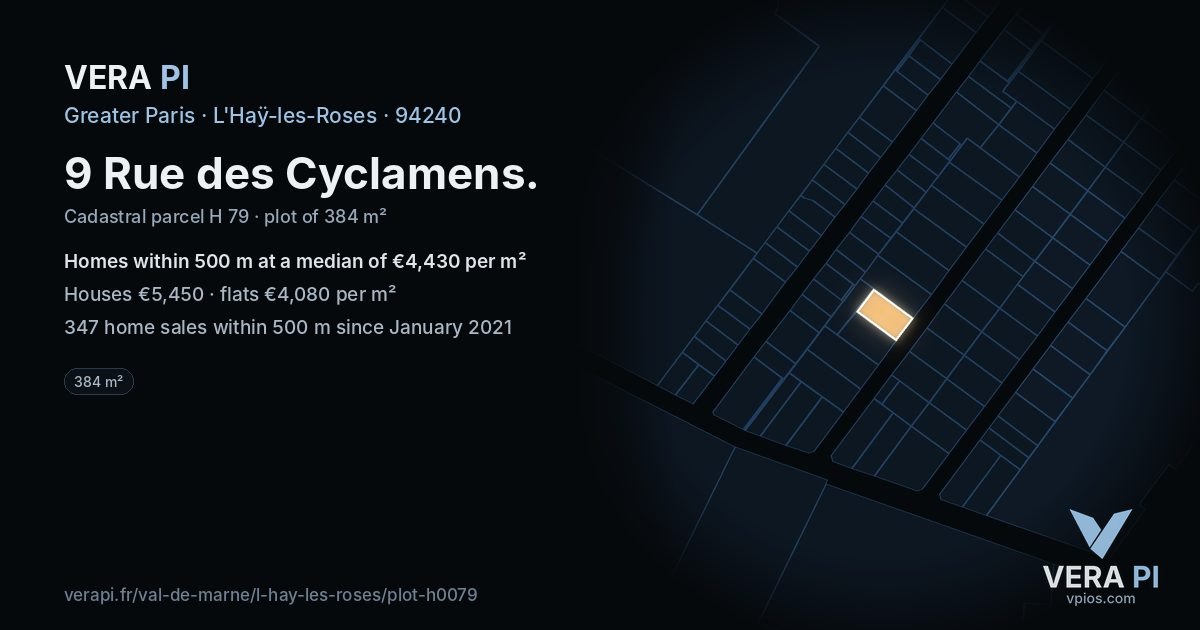 9 Rue des Cyclamens, L'Haÿ-les-Roses at night – the plot lit, the parcels around coloured by the prices near them