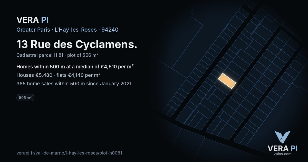 13 Rue des Cyclamens, L'Haÿ-les-Roses at night – the plot lit, the parcels around coloured by the prices near them
