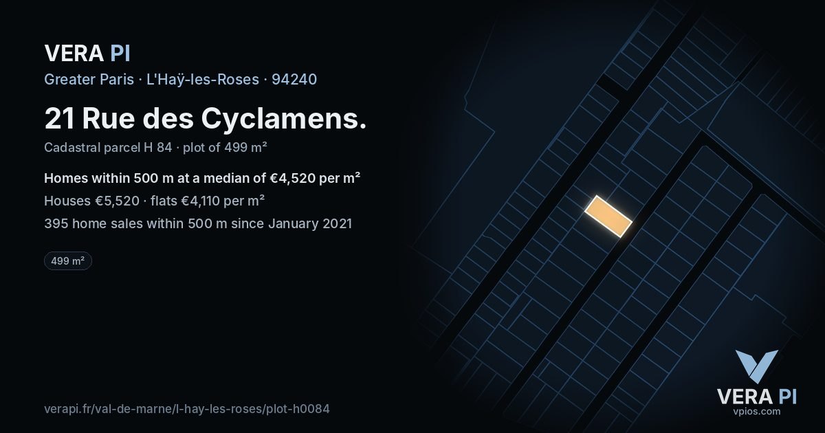 21 Rue des Cyclamens, L'Haÿ-les-Roses at night – the plot lit, the parcels around coloured by the prices near them