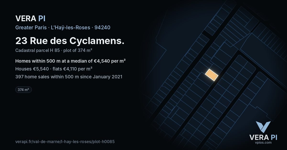 23 Rue des Cyclamens, L'Haÿ-les-Roses at night – the plot lit, the parcels around coloured by the prices near them