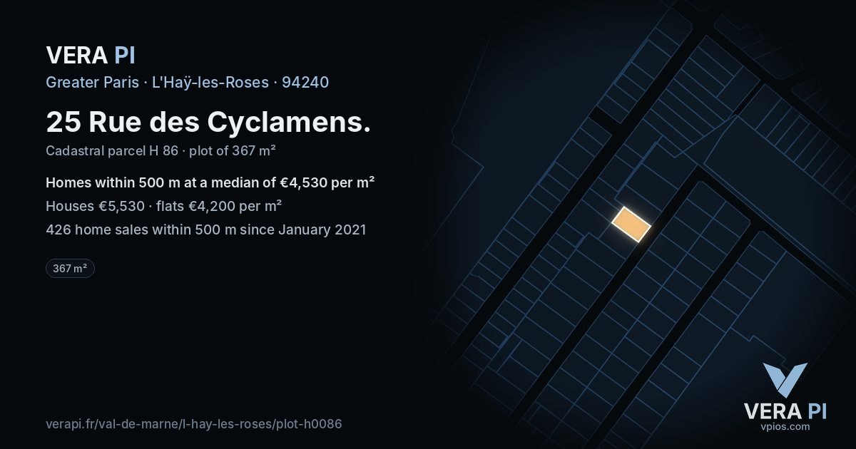 25 Rue des Cyclamens, L'Haÿ-les-Roses at night – the plot lit, the parcels around coloured by the prices near them